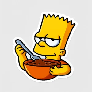 Mockup of a custom epoxy sticker concept from PuffSticker.com featuring a cartoon-style boy with spiky hair enjoying a bowl of cereal. The sticker has a playful, retro aesthetic with bold outlines and vibrant colors, encased in a glossy epoxy dome that enhances its 3D appearance. Designed for fun branding or novelty packaging, this waterproof and scratch-resistant sticker combines nostalgic charm with durable quality. This epoxy sticker mockup showcase creative, eye-catching designs ideal for personal projects, promotional items, or themed product labels.