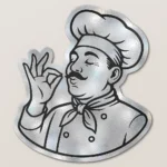 Silver Foil sticker featuring a cartoon chef in a traditional hat and neckerchief making an “OK” hand gesture. Rendered in black and white with a silver metallic finish for a shiny, high-contrast look. Ideal for culinary branding, food packaging, or kitchen-themed sticker collections. Printed on clear vinyl with smooth contour edges by PuffSticker.com