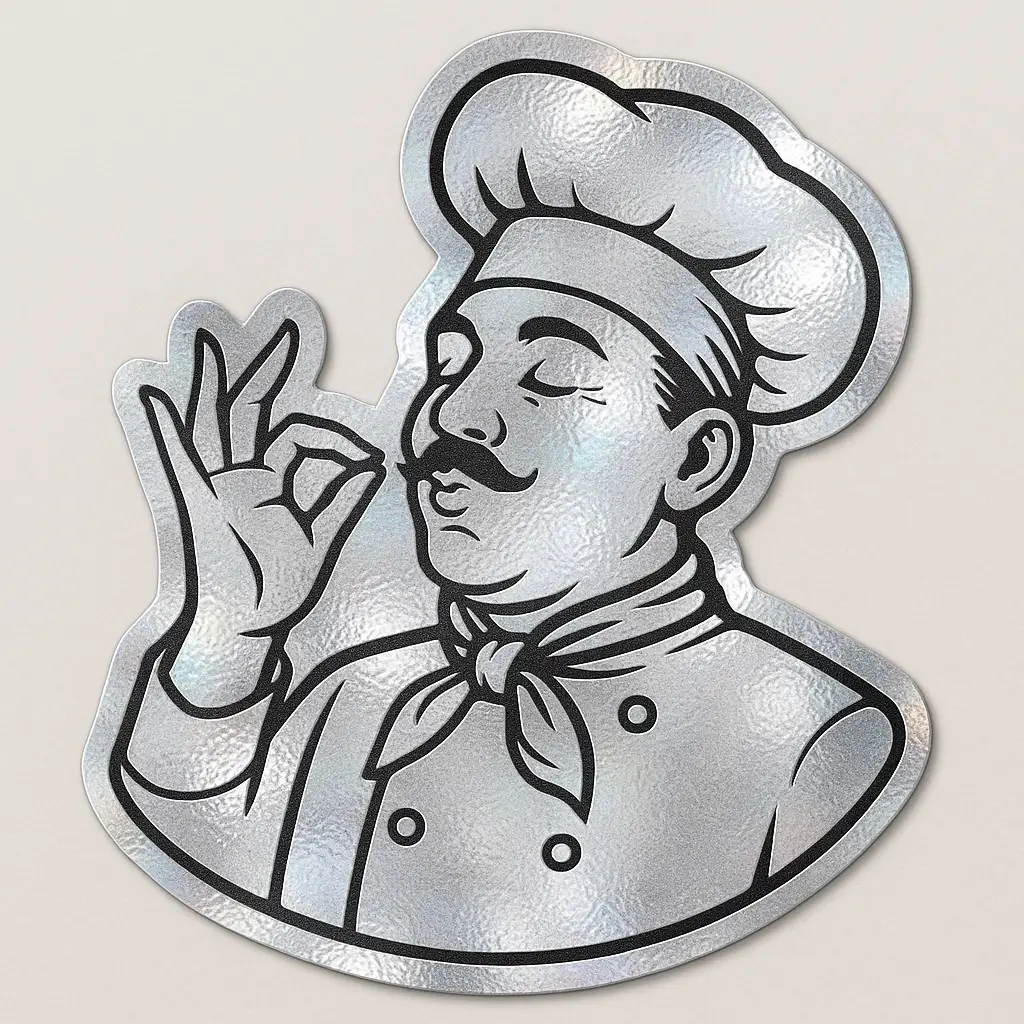 Silver Foil sticker featuring a cartoon chef in a traditional hat and neckerchief making an “OK” hand gesture. Rendered in black and white with a silver metallic finish for a shiny, high-contrast look. Ideal for culinary branding, food packaging, or kitchen-themed sticker collections. Printed on clear vinyl with smooth contour edges by PuffSticker.com