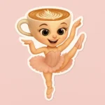 Whimsical vinyl cheap sticker design featuring a ballerina body with a latte coffee cup as the head. Includes pink tutu, ballet shoes, and leaf-shaped latte art on the cup surface. Printed on waterproof vinyl with artistic illustration style. Ideal for dance enthusiasts, coffee lovers, and quirky merch collections.