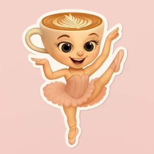 Whimsical vinyl cheap sticker design featuring a ballerina body with a latte coffee cup as the head. Includes pink tutu, ballet shoes, and leaf-shaped latte art on the cup surface. Printed on waterproof vinyl with artistic illustration style. Ideal for dance enthusiasts, coffee lovers, and quirky merch collections.