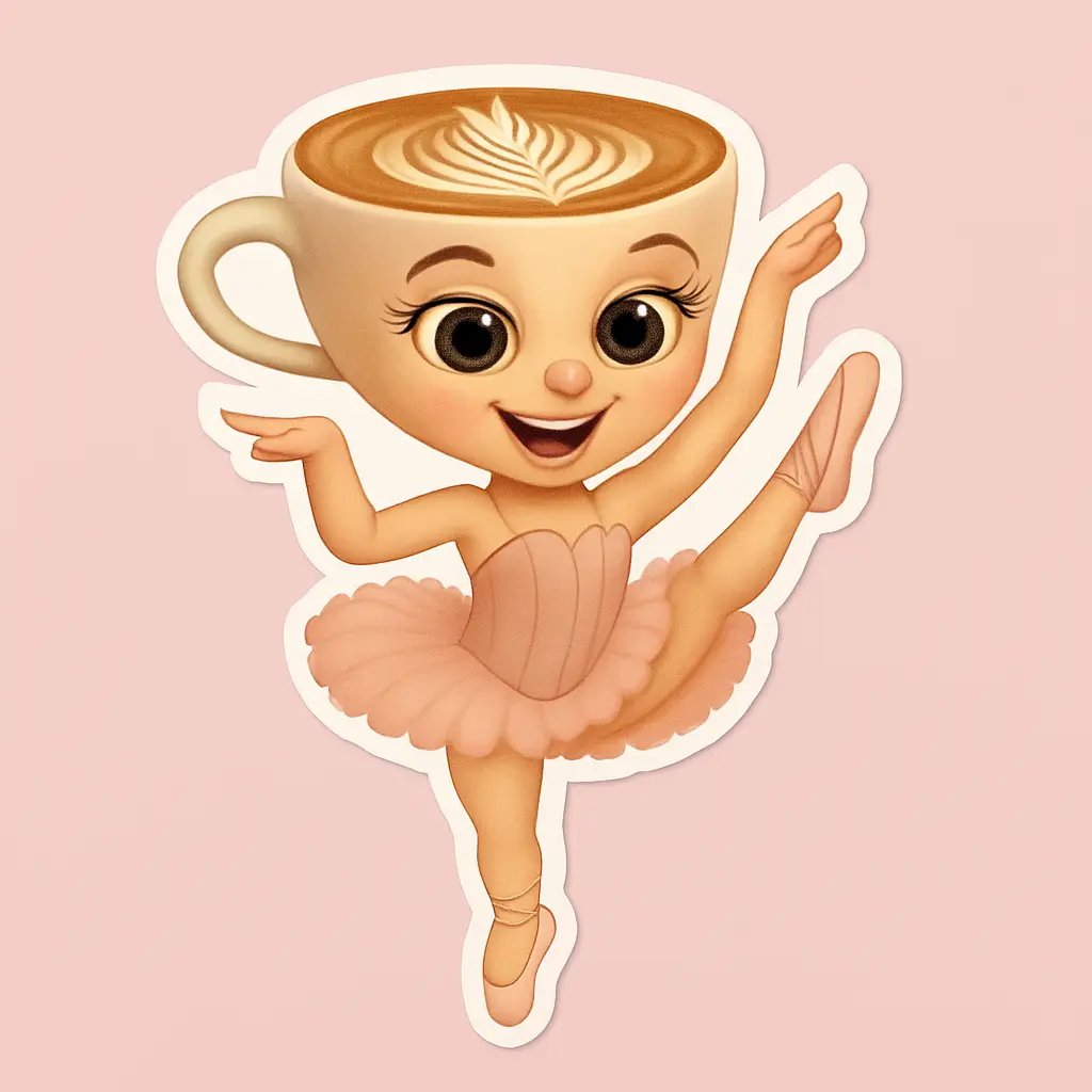 Whimsical vinyl cheap sticker design featuring a ballerina body with a latte coffee cup as the head. Includes pink tutu, ballet shoes, and leaf-shaped latte art on the cup surface. Printed on waterproof vinyl with artistic illustration style. Ideal for dance enthusiasts, coffee lovers, and quirky merch collections.