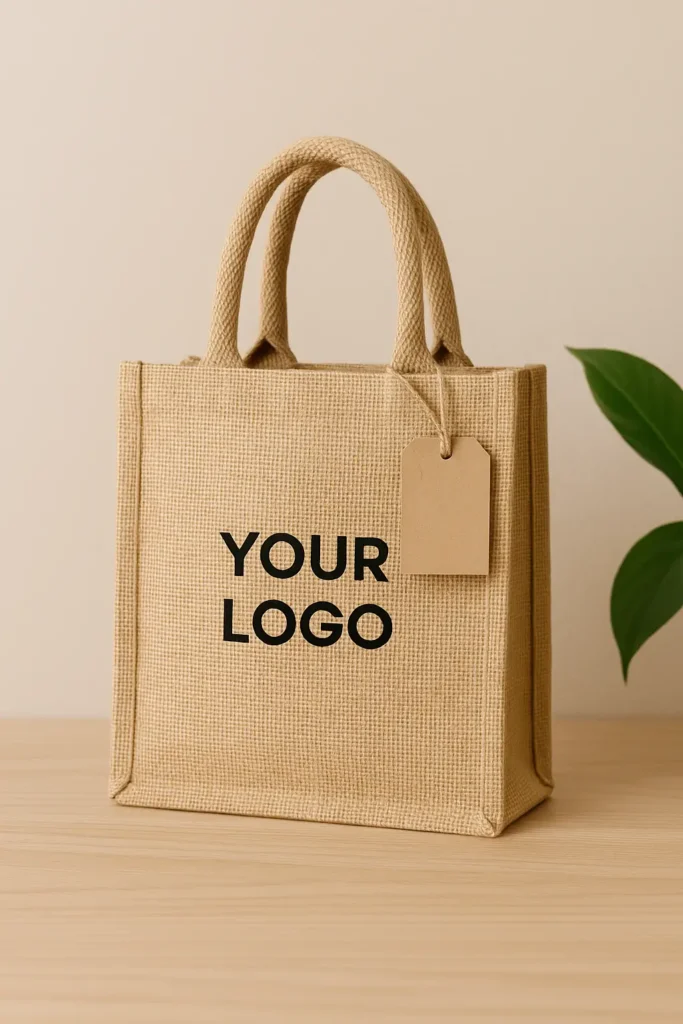 Beige jute tote bag with sturdy handles placed on a light wooden surface against a neutral background. A blank brown tag is attached to one handle, and the front of the bag displays “YOUR LOGO” in bold black text. A green plant leaf peeks in from the right. Ideal for customizable eco-friendly promotional products.