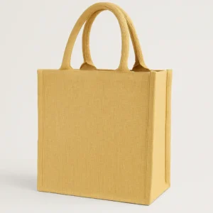 A custom jute bag in natural brown, crafted from durable, biodegradable burlap derived from jute plant fibers. This eco-friendly, recyclable bag feature sturdy handles and is ideal for branding with logos or slogans, perfect for gifting or packaging. Offered by PuffSticker.com with customizable options and quick delivery.