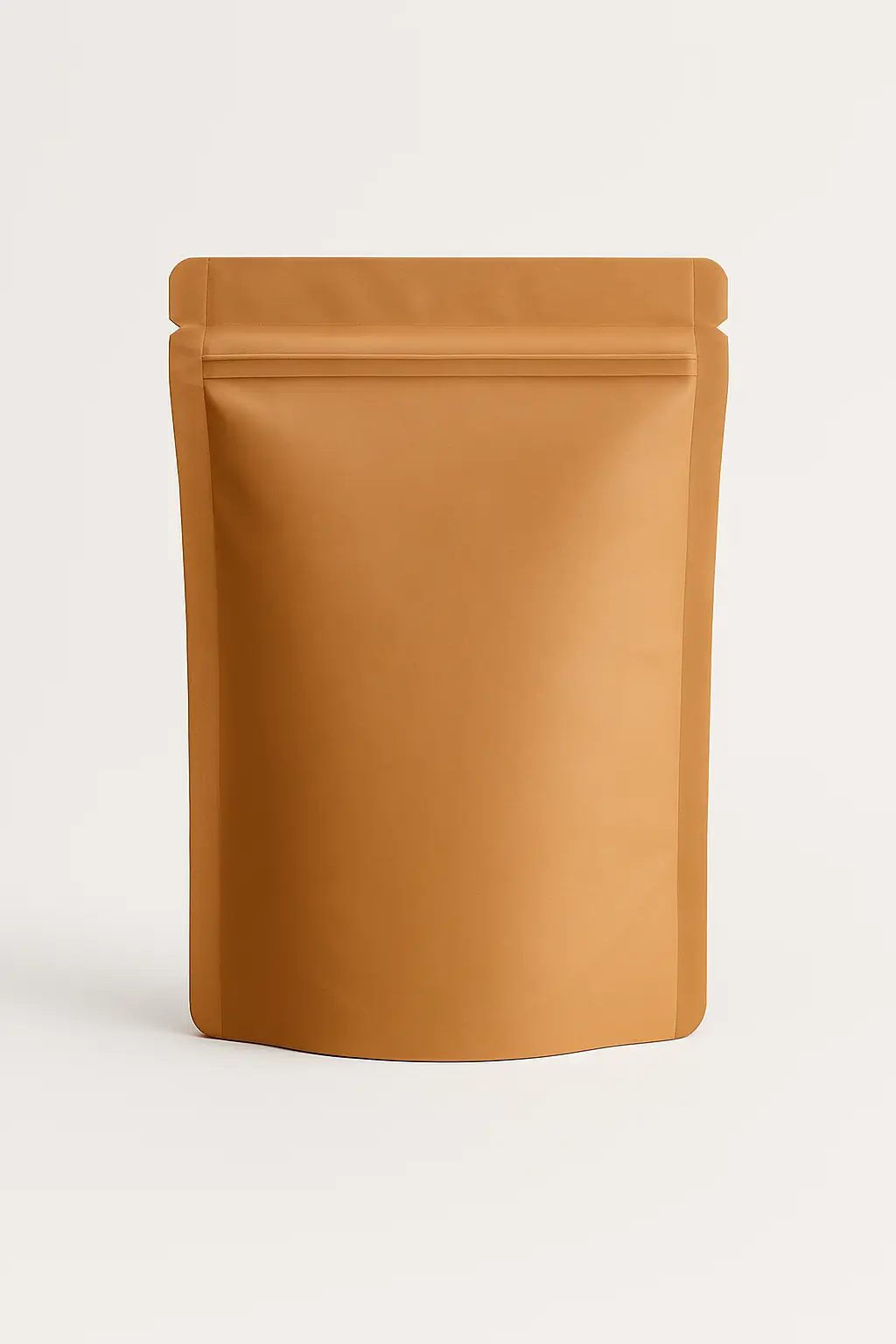 A matte bronze Mylar bag with a tear-notch opening, constructed from thick PET, aluminum, and LDPE layers for airtight pharmaceutical packaging. This robust pouch allows logo printing and is provided by PuffSticker.com