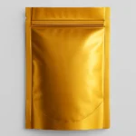 A gold Mylar bag with a vacuum-seal zipper and glossy finish, crafted from thick PET, aluminum, and LDPE layers. This durable pouch is tailored for airtight food preservation, featuring logo customization options and offered by PuffSticker.com.