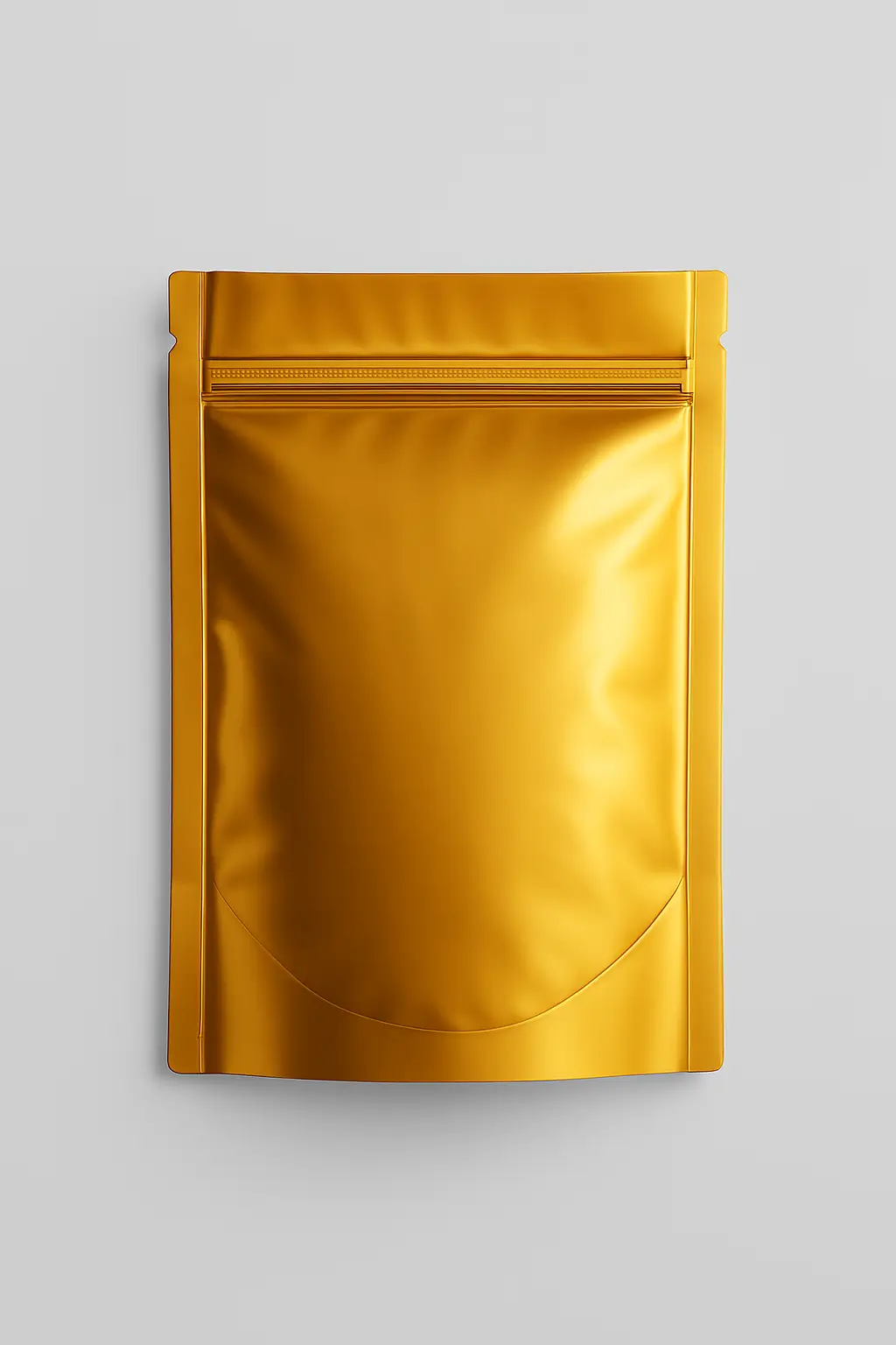 A gold Mylar bag with a vacuum-seal zipper and glossy finish, crafted from thick PET, aluminum, and LDPE layers. This durable pouch is tailored for airtight food preservation, featuring logo customization options and offered by PuffSticker.com.