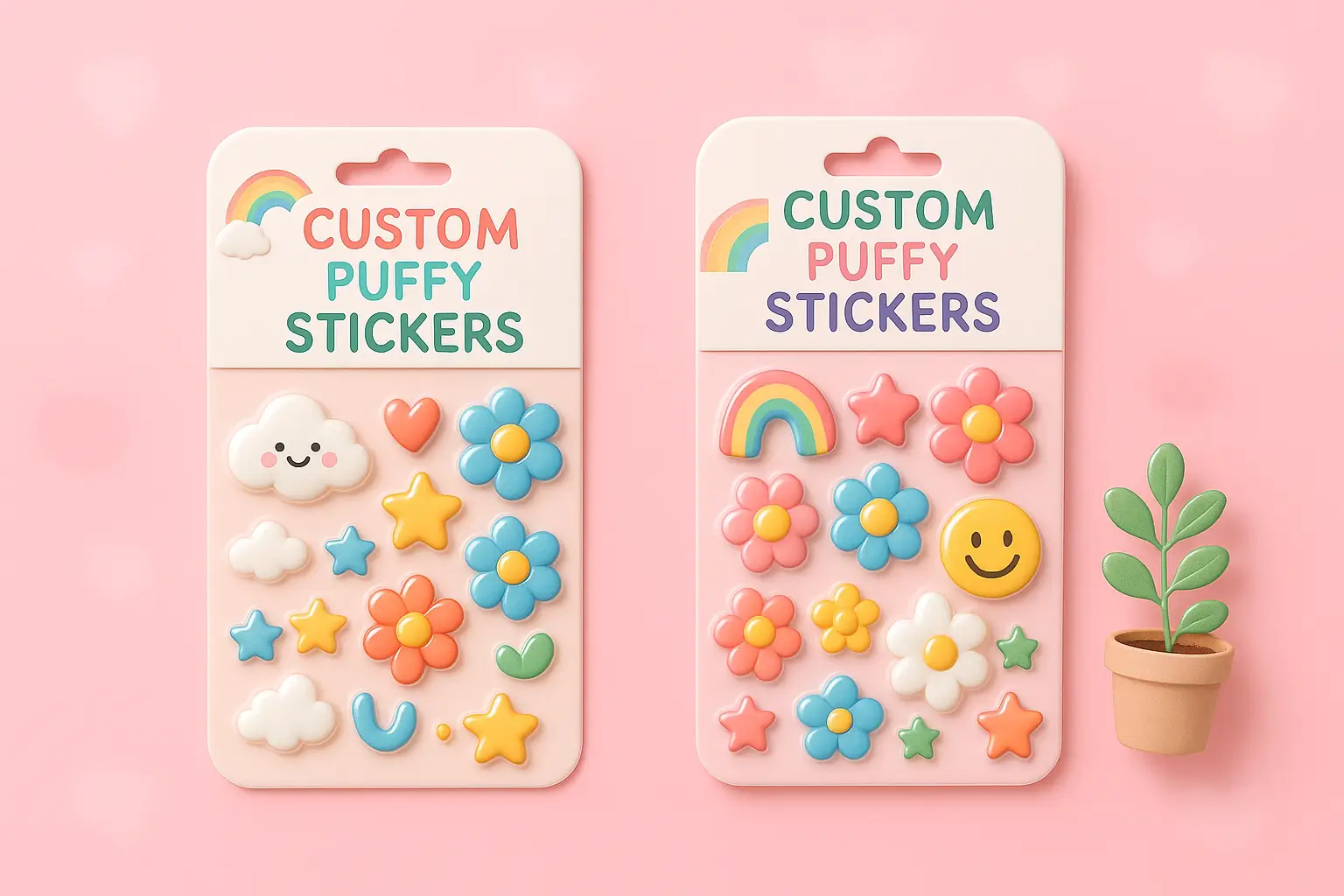 Two pastel custom puffy sticker sheets with smiley faces, clouds, hearts, stars, flowers, and rainbows on a pink background with a small decorative plant. Mock-up made by PuffSticker.com