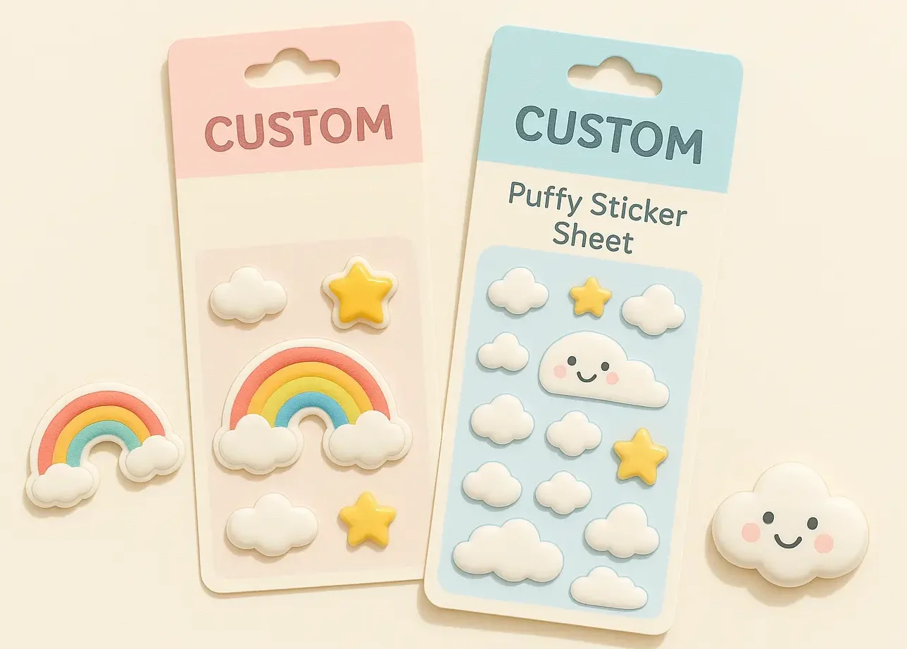 Two puffy sticker sheets featuring clouds, rainbows, and stars in pastel colors on a cream background. Mock-up made by PuffSticker.com