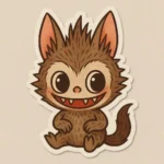 Custom Puffy sticker featuring a whimsical cartoon creature with large round eyes, a wide smile showing tiny fangs, and fluffy fur. The character has pointed ears with pink insides, spiky hair, and a bushy tail. It sits with small paws resting on its belly, radiating playful and endearing energy. Designed in a soft, raised texture ideal for kids’ crafts, cozy-themed stationery, or character-based sticker collections.