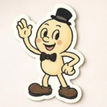 Whimsical custom sticker of a smiling cartoon egg character dressed in a top hat, black bow tie, and shoes. One hand waves while the other rests on its hip in a playful pose. Illustrated on a solid white vinyl background with smooth contour edging. Designed by PuffSticker.com for custom branding kits, party favors, and novelty sticker collections.