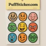 Packaged sheet of nine circular puffy stickers from PuffSticker.com, each featuring a unique emoji-style facial expression. Arranged in a 3x3 grid, the stickers depict emotions such as happiness, sadness, anger, and surprise. The packaging includes a yellow header with black “PuffSticker.com” branding. Ideal for expressive journaling, mood tracking, and playful decoration.