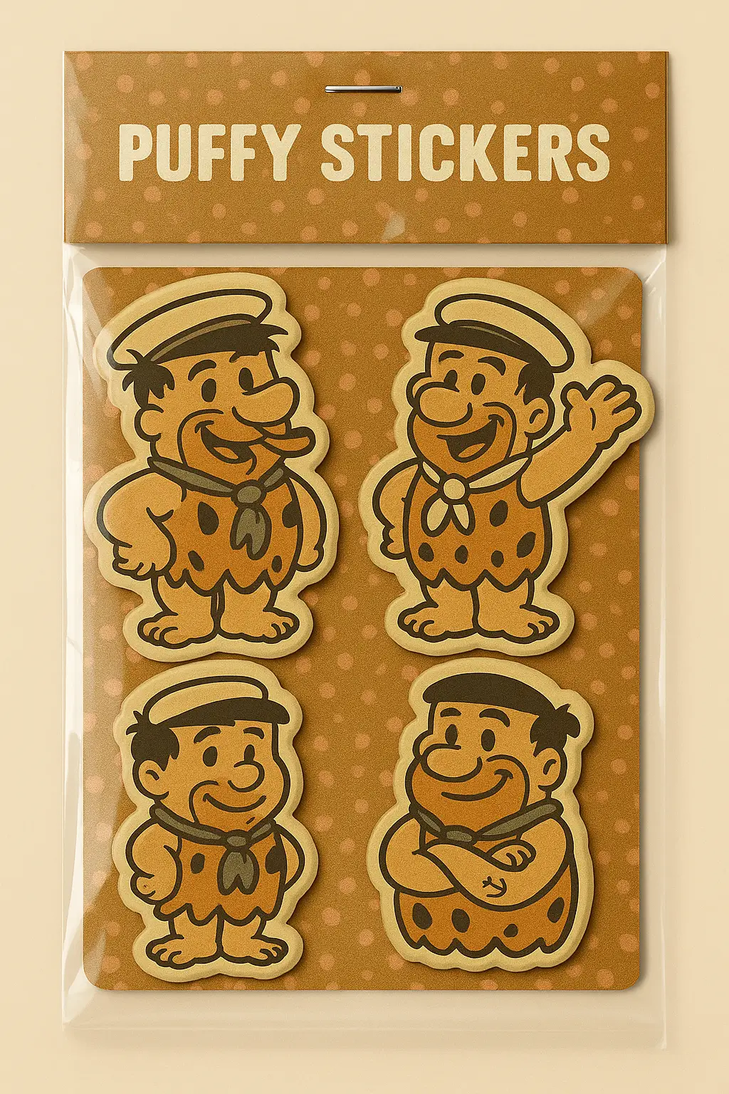 Packaged sheet of puffy stickers labeled “PUFFY STICKERS” featuring four cartoon stickers of Fred Flintstone from The Flintstones. Each sticker shows Fred in a different pose: hands on hips, waving, smiling, and arms crossed. Set against a brown polka dot background with white header text. Perfect for retro-themed crafts, cartoon memorabilia, and playful sticker collections.