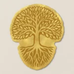 Embossed gold foil sticker featuring a symmetrical golden tree with intricate branches, leaves, and roots. The design is carved into a metallic surface, creating a textured and elegant appearance. Symbolizes growth, life, and harmony between earth and sky. Perfect for nature-inspired branding, eco-friendly packaging, or spiritual sticker sets. Printed with high-shine foil finish by PuffSticker.com