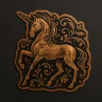 Bronze Foil sticker featuring a rearing unicorn rendered in metallic bronze against a dark background. The unicorn’s mane and tail flow gracefully, and its body is adorned with swirling floral patterns and ornate detailing. The design is bordered with a decorative edge that enhances its regal and mythical appearance. Ideal for fantasy-themed sticker sets, elegant packaging, or magical branding. Printed with high-shine foil finish by PuffSticker.com