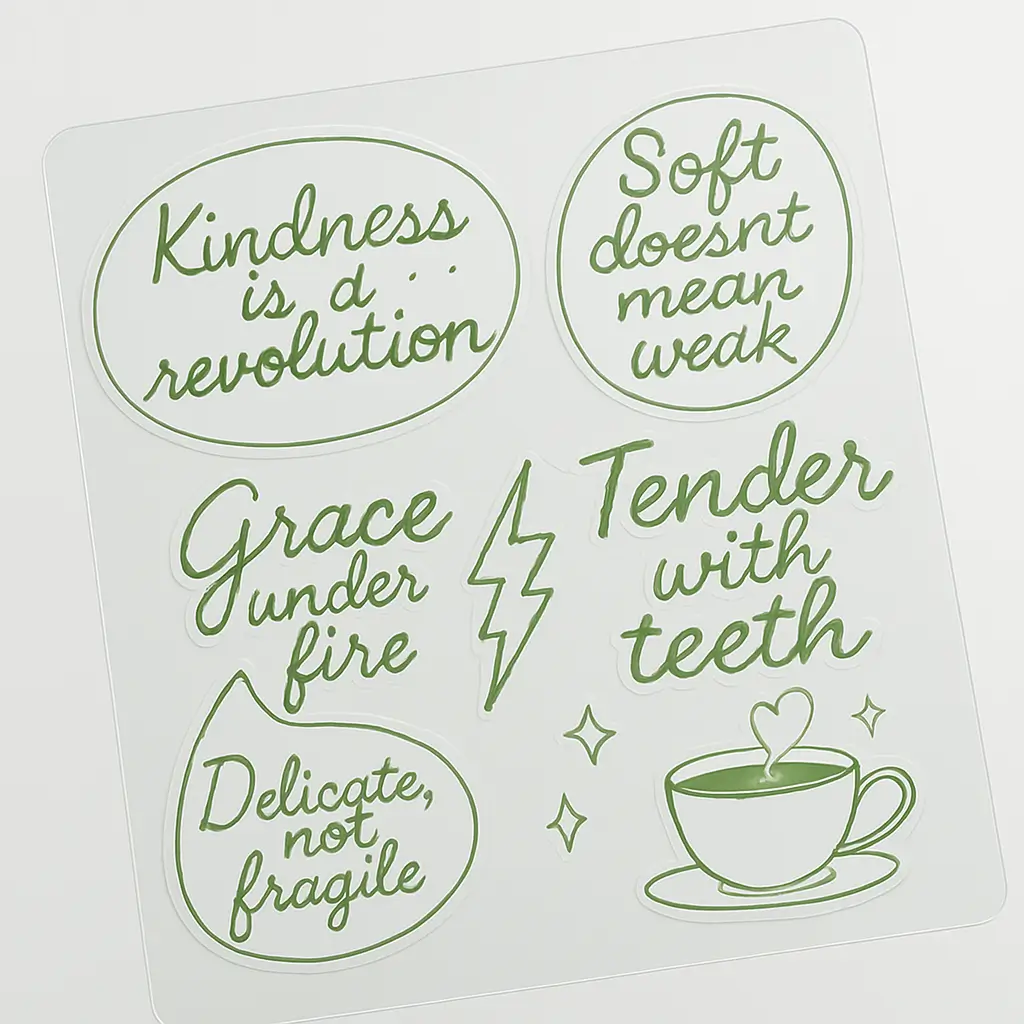 Clear Vinyl Sticker sheet with five motivational designs in green: “Kindness is a revolution”, “Soft doesn’t mean weak”, “Grace under fire”, “Tender with teeth”, and “Delicate, not fragile.” Stickers shaped like a lightning bolt, teacup with sparkles, and speech bubbles. Printed on clear vinyl with smooth contour edges. Designed by PuffSticker.com for self-love collections and bold stationery sets.