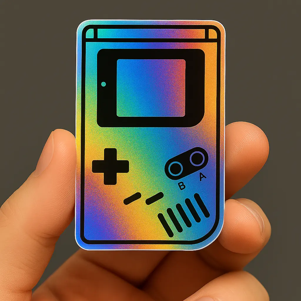 Holographic vinyl sticker featuring a retro handheld gaming console design inspired by the classic Game Boy. The sticker showcases a rainbow iridescent background with black outlines of the screen, directional pad, A and B buttons, and speaker grille. Held between two fingers against a dark background, the sticker reflects vibrant colors depending on the light angle. Ideal for nostalgic gamers, tech-themed sticker sets, and retro-inspired stationery. Designed by PuffSticker.com