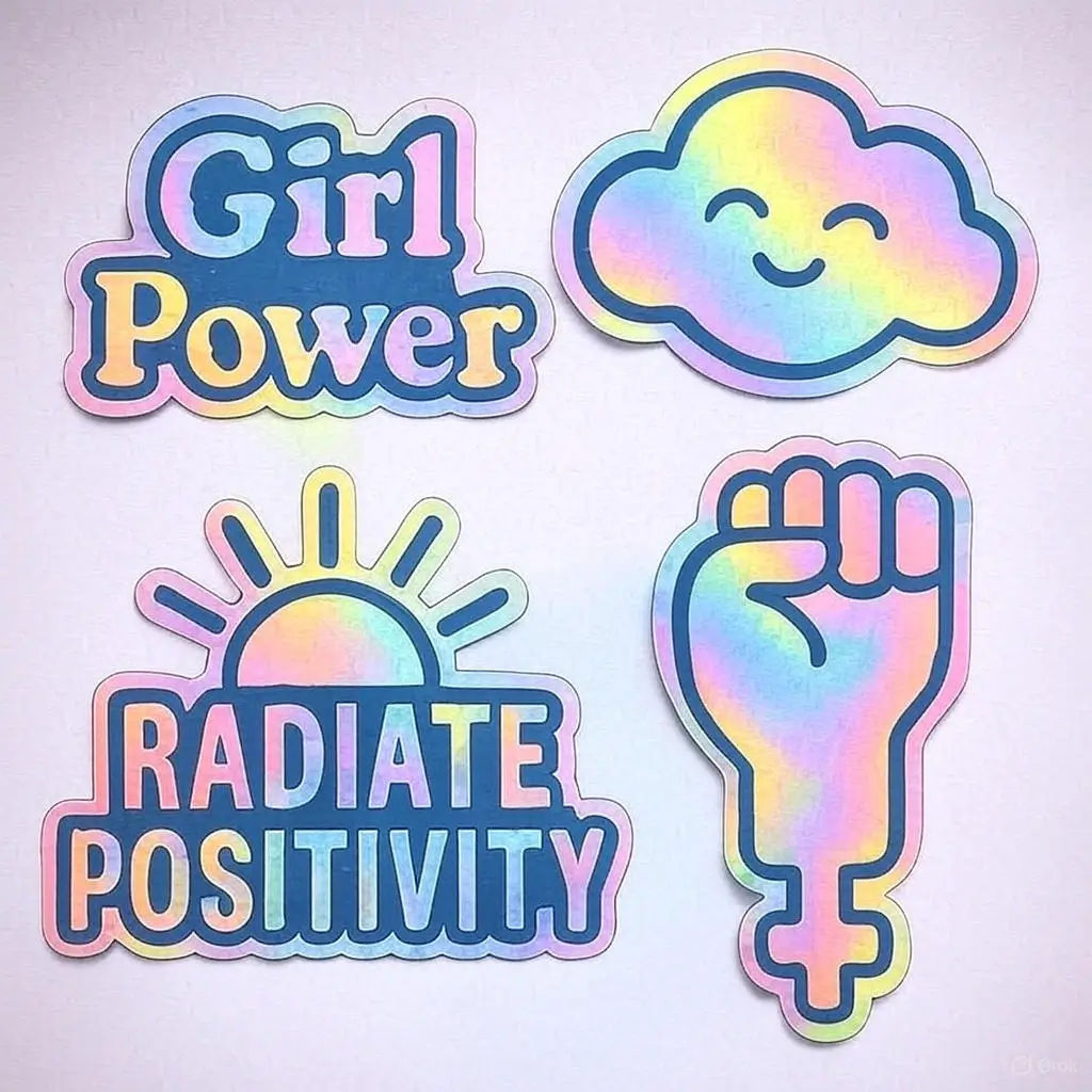 Holographic sticker sheet with four distinct designs: “Girl Power” in bold typography, a smiling cloud, “RADIATE POSITIVITY” with a sunburst illustration, and a raised fist symbol with a female gender icon. Each sticker features a shimmering rainbow finish on clear vinyl with smooth contours. Designed by PuffSticker.com as part of a feminist-themed stationery set for journals, laptops, and empowerment kits.