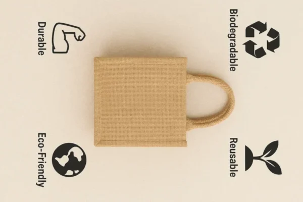 Beige woven tote bag with thick handles placed centrally against a light background. Surrounding the bag are four icons with labels: a recycling symbol for “Biodegradable,” a sprouting plant for “Reusable,” a flexed arm for “Durable,” and a globe with leaves for “Eco-Friendly.” Promotes sustainable packaging and environmentally conscious design. Mock-up made by PuffSticker.com