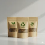 Three brown kraft paper stand-up pouches with clear windows showcasing dried herbs or tea leaves. Each pouch features a distinct green eco symbol: “ECO FRIENDLY” with a leaf icon, “BIODEGRADABLE” with a recycling symbol, and a circular arrow around a leaf indicating sustainability. Set in a minimalist, well-lit scene with soft shadows, the image highlights natural, eco-conscious packaging ideal for organic products or artisanal sticker sets.
