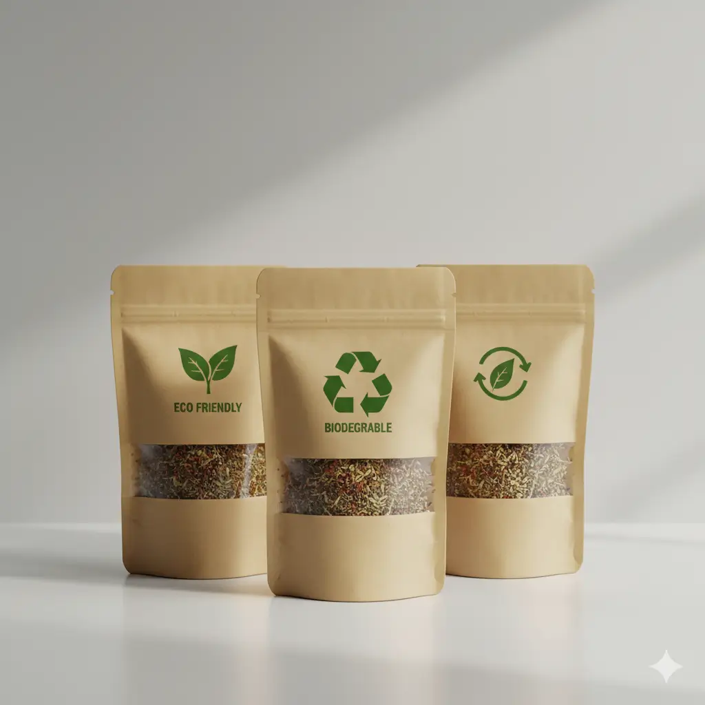 Three brown kraft paper stand-up pouches with clear windows showcasing dried herbs or tea leaves. Each pouch features a distinct green eco symbol: “ECO FRIENDLY” with a leaf icon, “BIODEGRADABLE” with a recycling symbol, and a circular arrow around a leaf indicating sustainability. Set in a minimalist, well-lit scene with soft shadows, the image highlights natural, eco-conscious packaging ideal for organic products or artisanal sticker sets.