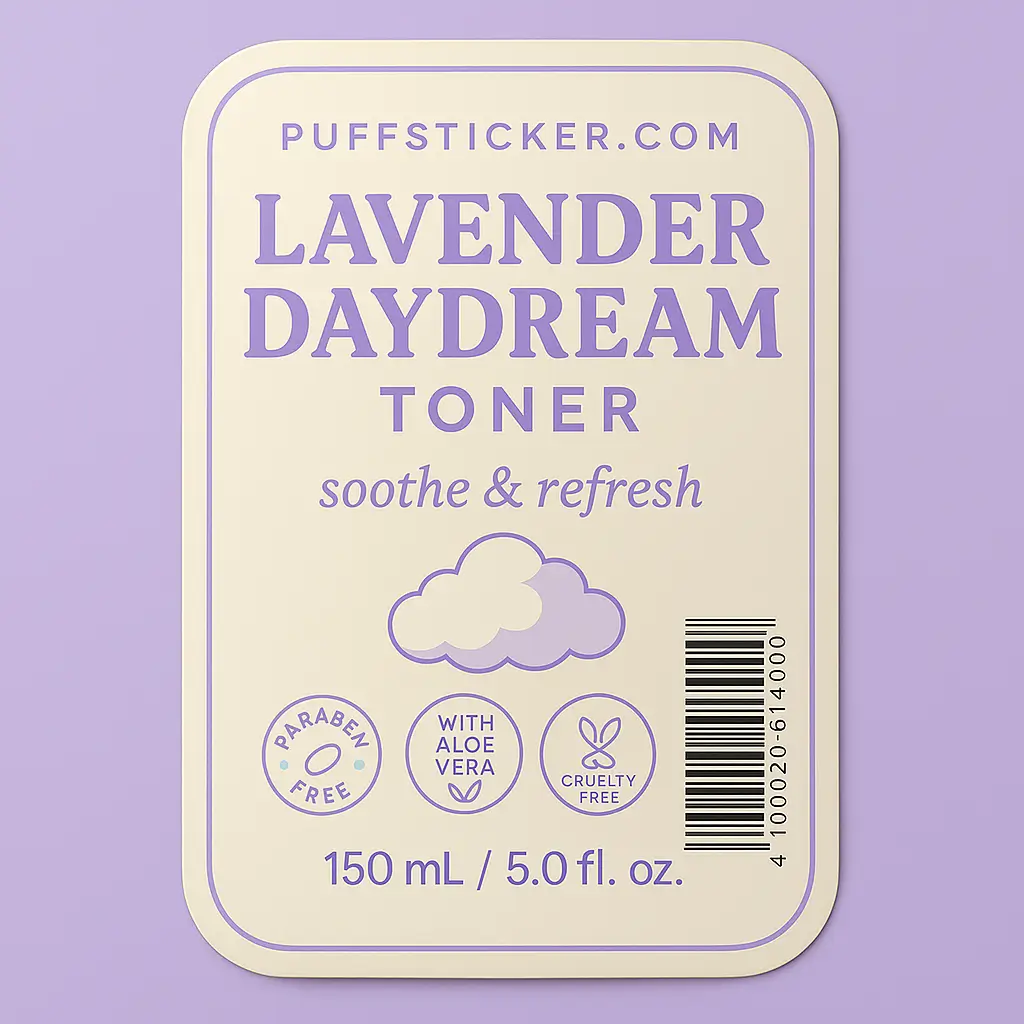 Clear waterproof bottle label for Lavender Daydream Toner from PuffSticker.com featuring soft pastel tones, serif typography, and wellness icons (paraben-free, aloe vera, cruelty-free). Includes product volume, barcode, and soothing slogan. Ideal for skincare packaging with elegant shelf appeal.