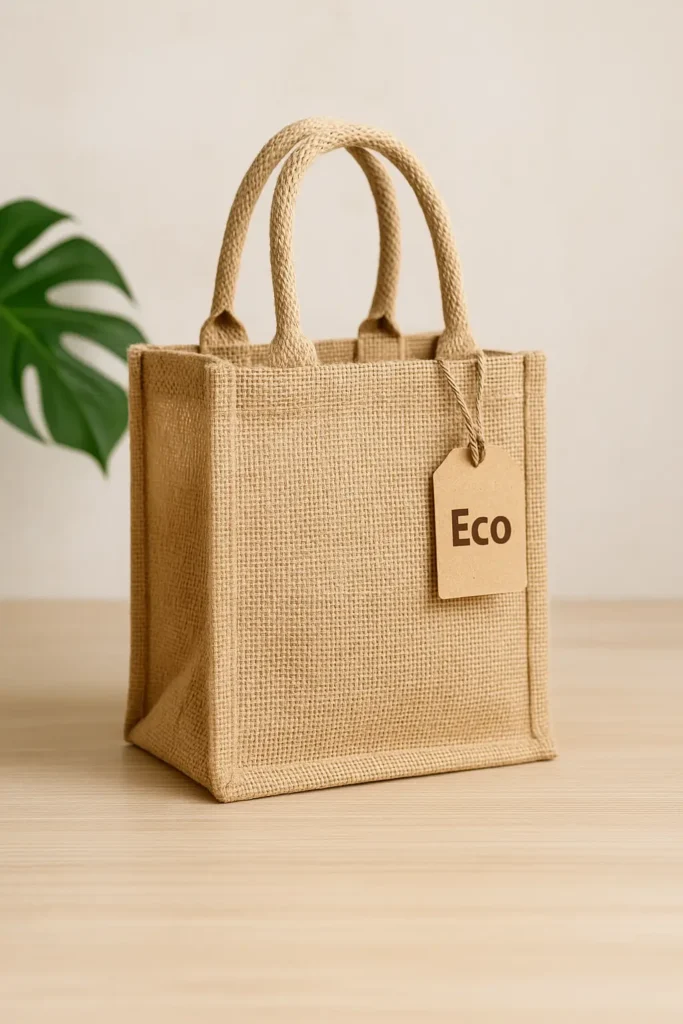 Small beige jute tote bag with sturdy handles, placed on a light wooden surface against a neutral background. A brown tag labeled “Eco” is attached to one handle, and a green monstera leaf is partially visible in the background. Emphasizes sustainability through natural materials and minimalist design.