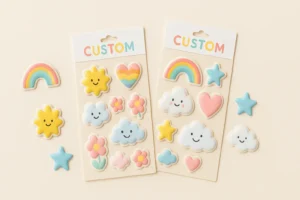 Two pastel-colored custom puffy sticker sheets with hearts, clouds, rainbows, stars, sun, and flowers on a cream background