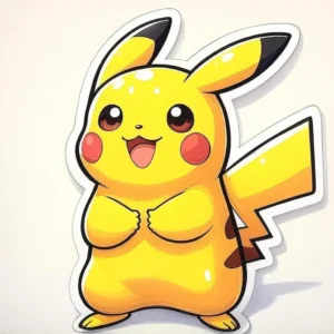 Custom made Sticker featuring a cheerful Pikachu character with bright yellow coloring, large expressive eyes, red cheeks, and a lightning bolt-shaped tail. Pikachu smiles playfully with open arms against a gray checkered background. Printed on custom vinyl material with smooth contour cuts. Inspired by the Pokémon franchise and designed by PuffSticker.com as a joyful piece for journals, tech accessories, and nostalgic fan kits.