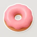 Glossy pink donut-shaped domed decal from PuffSticker.com, adorned with a raised 3D resin coating that enhances its visual appeal for branding and promotions, crafted with durable, scratch-resistant, and waterproof materials for long-term use on a transparent background, perfect for businesses looking to elevate their product packaging or event giveaways, reflecting PuffSticker.com's dedication to high-quality, customizable dome stickers in various shapes and sizes.