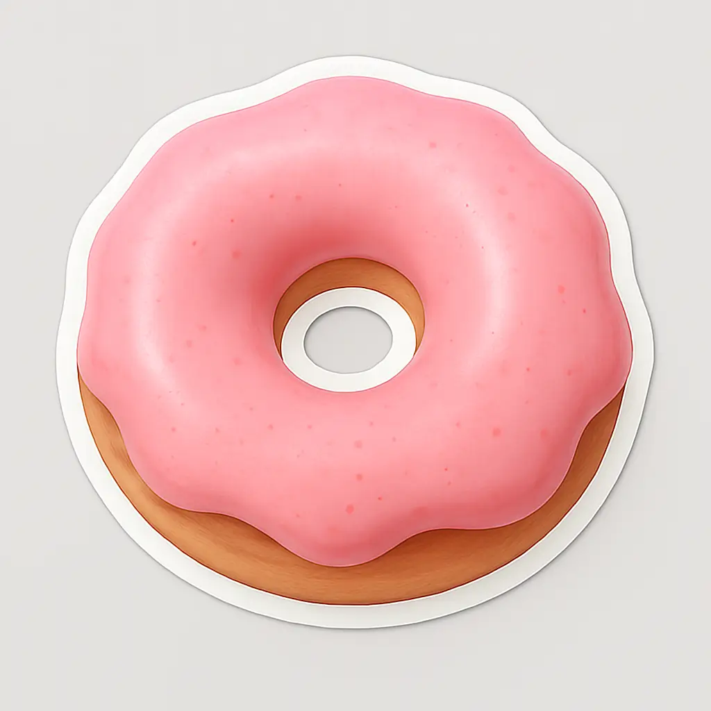 Glossy pink donut-shaped domed decal from PuffSticker.com, adorned with a raised 3D resin coating that enhances its visual appeal for branding and promotions, crafted with durable, scratch-resistant, and waterproof materials for long-term use on a transparent background, perfect for businesses looking to elevate their product packaging or event giveaways, reflecting PuffSticker.com's dedication to high-quality, customizable dome stickers in various shapes and sizes.