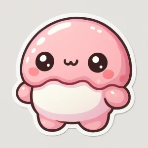 adorable pink kawaii-style domed decal created by PuffSticker.com, featuring a charming smiling character with large expressive eyes and a glossy 3D resin coating, ideal for unique branding, personalized gifts, or creative promotional items, built with durable waterproof materials for indoor and outdoor use on a transparent background, highlighting PuffSticker.com's expertise in delivering customizable, eye-catching dome stickers for trade shows, client mailers, or DIY projects.