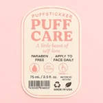 Clear waterproof bottle label for Puff Care skincare product featuring minimalist serif typography, soft tonal palette, and self-love messaging. Includes icons and text: paraben-free, cruelty-free, made in USA, and batch number. Highlights Vitamin C infusion and daily use instructions. Printed by PuffSticker.com with high-quality adhesive and long-lasting clarity—ideal for cosmetics and wellness packaging.