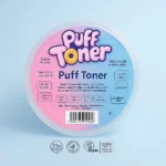 Custom bottle label for Puff Toner featuring clear glossy film with pink-to-blue gradient design, serif typography, and foil embellishments. Waterproof and dermatologically tested with vegan certification icons. Ideal for skincare and cosmetic products. Professionally printed by PuffSticker.com with premium adhesion and long-lasting clarity.