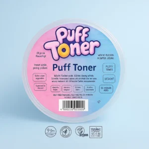 Custom bottle label for Puff Toner featuring clear glossy film with pink-to-blue gradient design, serif typography, and foil embellishments. Waterproof and dermatologically tested with vegan certification icons. Ideal for skincare and cosmetic products. Professionally printed by PuffSticker.com with premium adhesion and long-lasting clarity.