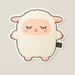 Custom foam sticker mockup from PuffSticker.com featuring a sheep-shaped character with a fluffy white body and soft pink face. Designed with closed eyes and a serene expression, this sticker evokes warmth and comfort—ideal for cozy branding, children’s crafts, or themed packaging. Made from soft EVA foam, it offers a tactile surface with strong adhesive backing and waterproof durability. The die-cut shape and plush-like texture enhance its visual charm.