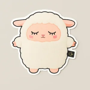 Custom foam sticker mockup from PuffSticker.com featuring a sheep-shaped character with a fluffy white body and soft pink face. Designed with closed eyes and a serene expression, this sticker evokes warmth and comfort—ideal for cozy branding, children’s crafts, or themed packaging. Made from soft EVA foam, it offers a tactile surface with strong adhesive backing and waterproof durability. The die-cut shape and plush-like texture enhance its visual charm.