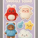 Puffy sticker sheet designed by PuffSticker.com, titled “SNUGGLE SQUAD” featuring six cartoon-style characters: a red bunny, a fluffy white sheep, a brown bear in a blue hoodie, a small blue fish, a yellow star with rosy cheeks, and a smiling white cloud. Each sticker has a soft, raised texture and white outline. Set against a purple background, this sheet is ideal for cozy-themed stationery, kids’ crafts, and whimsical journaling.