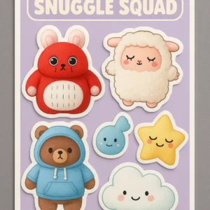 Puffy sticker sheet designed by PuffSticker.com, titled “SNUGGLE SQUAD” featuring six cartoon-style characters: a red bunny, a fluffy white sheep, a brown bear in a blue hoodie, a small blue fish, a yellow star with rosy cheeks, and a smiling white cloud. Each sticker has a soft, raised texture and white outline. Set against a purple background, this sheet is ideal for cozy-themed stationery, kids’ crafts, and whimsical journaling.