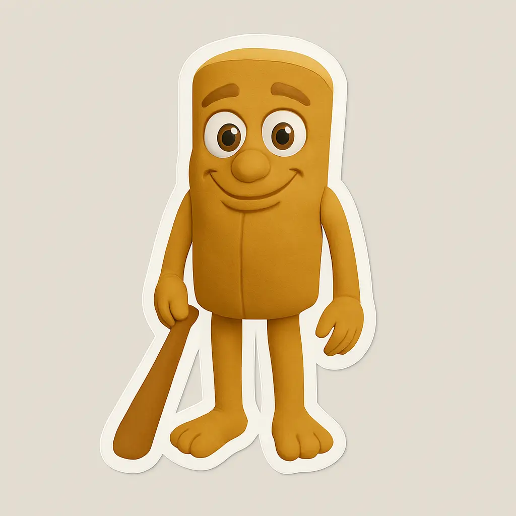 Custom foam sticker mockup featuring a playful yellow-orange cartoon character with a rectangular body, rounded edges, and matching limbs. Made from soft EVA material, this sticker showcases a fun design ideal for kids’ crafts, packaging, or promotional giveaways. The character holds a bat-like object and is outlined with a clean white border, enhancing its die-cut shape. With a waterproof and flexible build, this foam sticker combines tactile appeal with durable adhesive backing. PuffSticker.com’s foam labels offer creative branding solutions with soft-touch textures and vibrant designs.