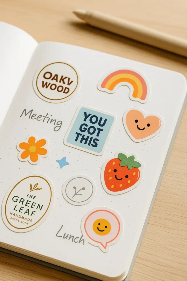 Open notebook with colorful stickers and handwritten notes, including a rainbow, heart, strawberry, and motivational text, with a pen placed beside it.