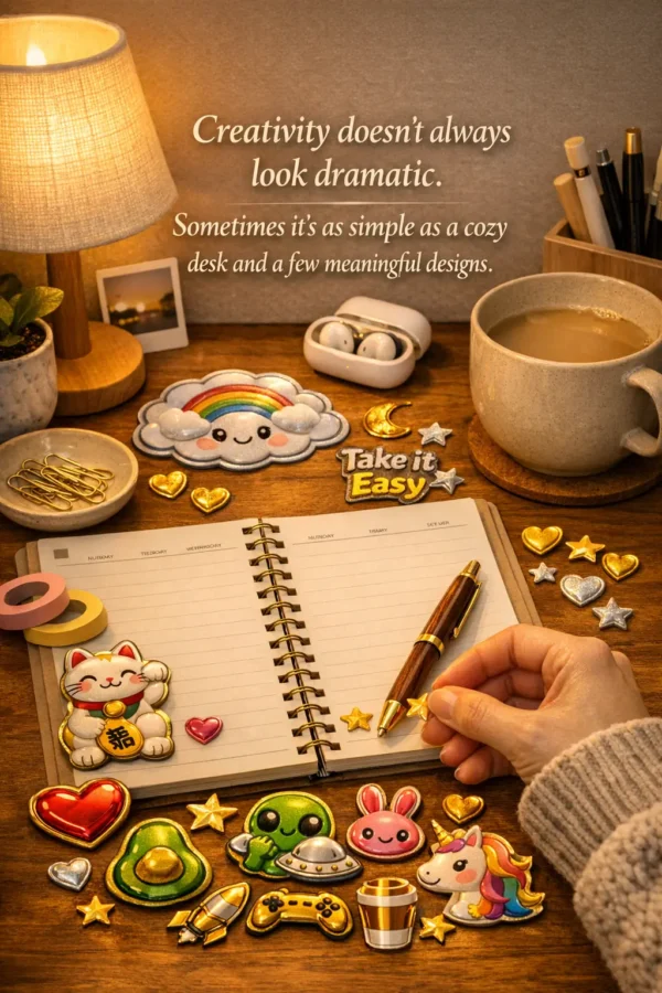 A warm desk scene with an open planner, a hand placing a gold star sticker, and whimsical stickers scattered around.