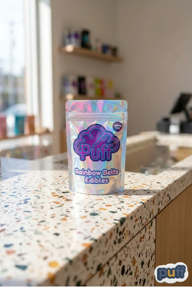 A shiny, iridescent holographic stand-up pouch for "Puff Rainbow Belts Edibles" displayed on a speckled modern counter in a bright retail store.