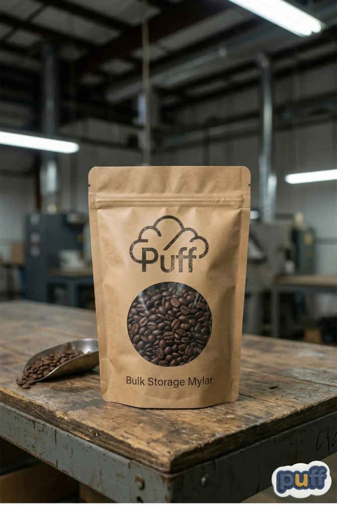 A natural brown kraft stand-up pouch labeled "Bulk Storage Mylar" featuring a clear window filled with whole coffee beans. The bag sits on a rustic wooden workbench in a workshop or roastery