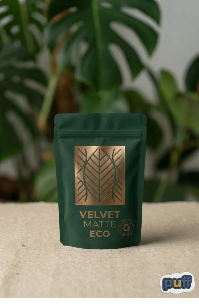 A sophisticated forest green stand-up pouch featuring metallic gold lettering that reads "Velvet Matte Eco" and "Recyclable 2026," centered on a textured cork surface