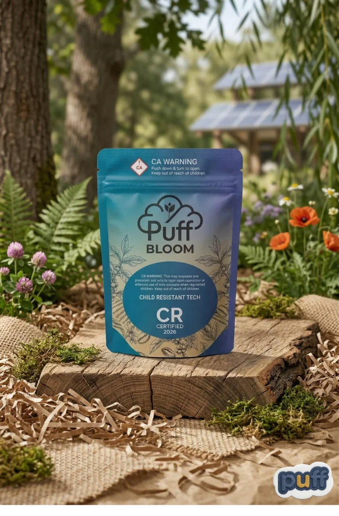 A blue and white gradient stand-up pouch labeled "Puff Bloom" and marked "CR Certified Child Resistant Tech" sitting on a wood slab in an outdoor garden setting