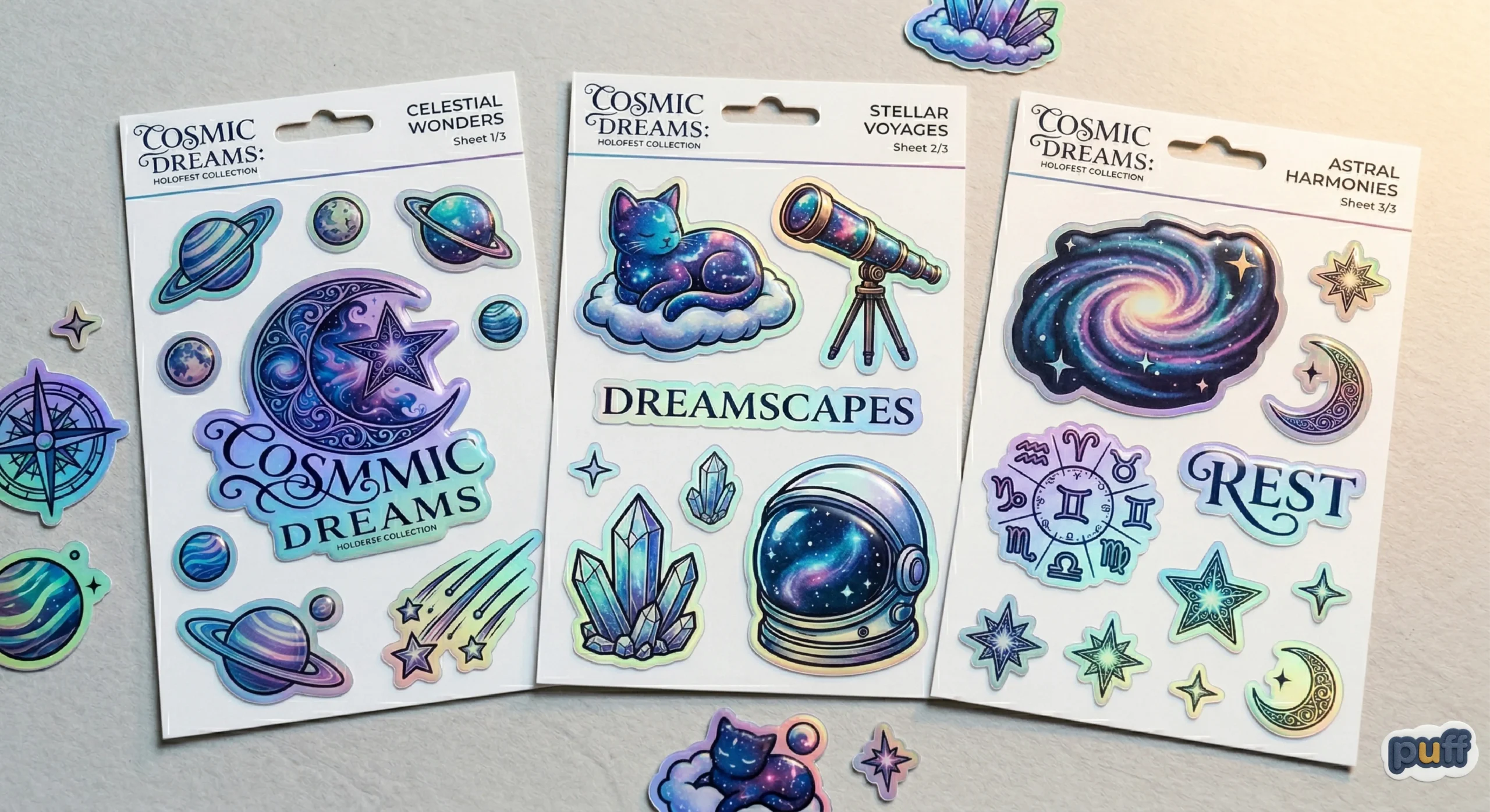Three vertical sticker sheets titled Cosmic Dreams, Stellar Voyages, and Astral Harmonies, featuring holographic planets, astronauts, and celestial cats with 3D raised edges.