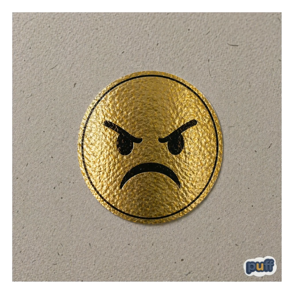 A close-up of a circular gold foil sticker with a textured surface featuring a black minimalist angry face emoji.