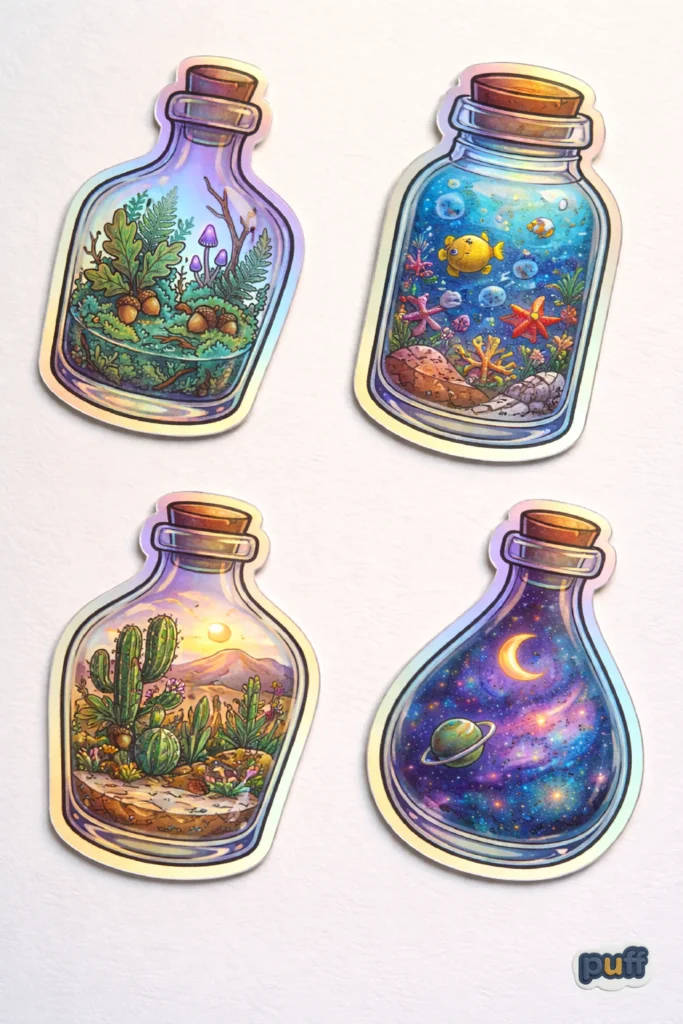 Color That Doesn’t Exist Until You Move: Understanding Holographic Stickers 3 Four holographic bottle stickers containing miniature worlds: a forest floor, an underwater reef, a desert sunset, and a deep-space galaxy, all with a metallic rainbow sheen.