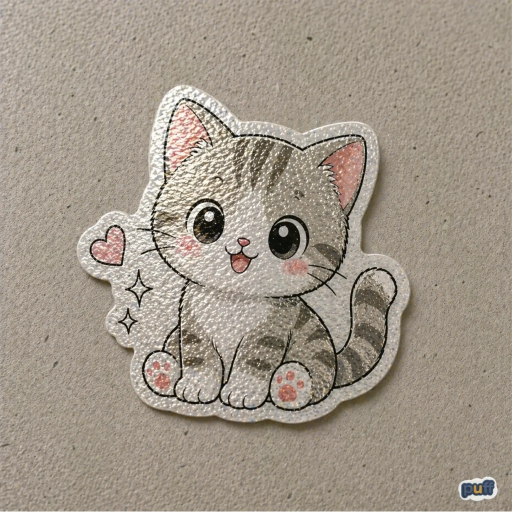 A die-cut holographic glitter sticker of a cute gray tabby kitten with large eyes and a pink heart